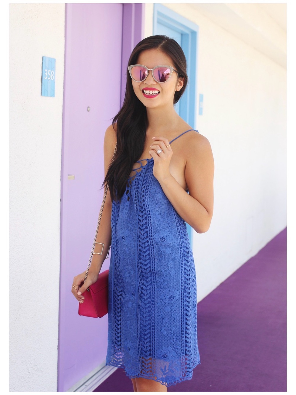 Astr Royal Blue Crochet Lace Mini Dress